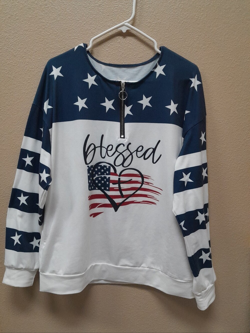 Women's Blessed American Flag Heart Pullover - Navy, White, Red  Source Unknown